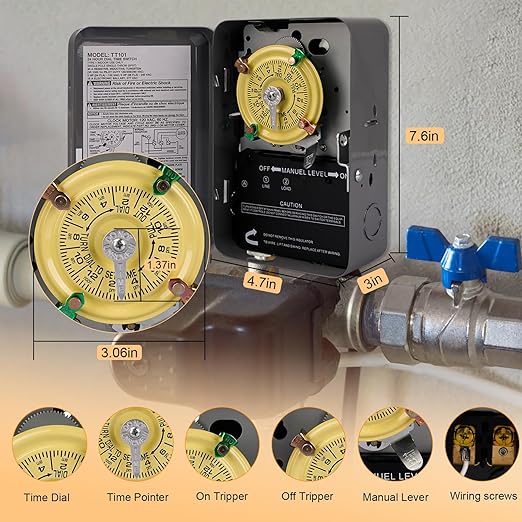 careNEW T101 Mechanical Timer Switch - 120V 2HP 40A SPST Electromechanical Timers, 12 ON/Off 24 Hour Timer with Tripper for Lights, Pool Pumps, Water Heater Fans & HVAC Systems