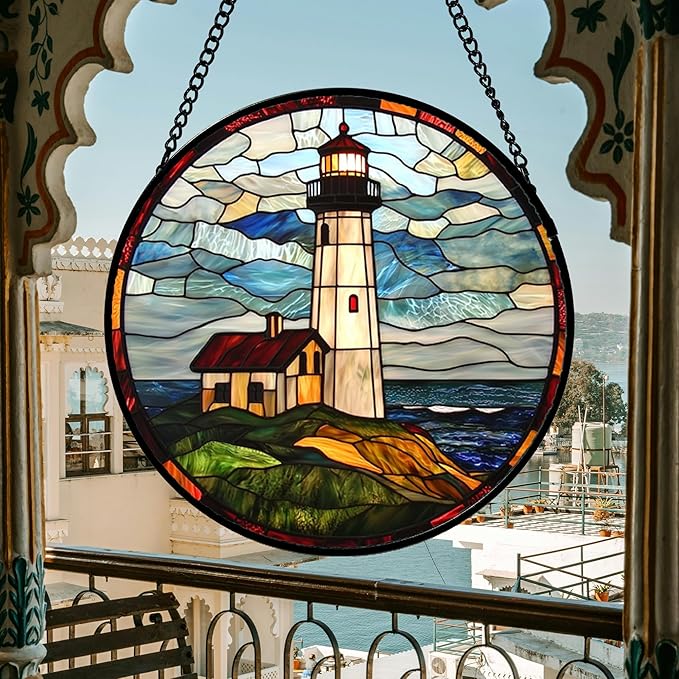 DASTOLL Stained Glass Window Hanging, Ocean Lighthouse Sun Catchers Glass Panel Blue Green Suncatcher Decor for Birthday for Women, Men, Wife, Aunt, and Mom 14.9x14.9 in