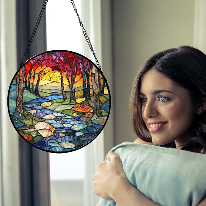 AMDERVEN Stained Glass Window Hanging, Red Tree Abstract Sunset Lake Sun Catcher for Window Home Decor Landscape Suncatcher Mother's Day Birthday Gifts for Women Men Mom and Nana 7.8 in