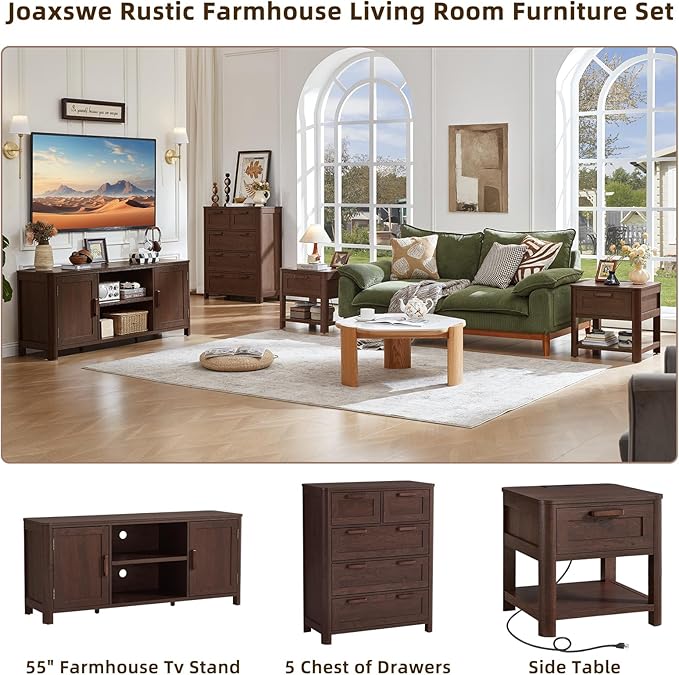 Joaxswe Farmhouse 55" Entertainment Center, Dark Walnut Tv Stand with Adjustable Shelves & 2 Door Storage,Wood Media Console Cabinet for TVs Up to 65 inches, Rustic Tv Stands for Living Room,Bedroom