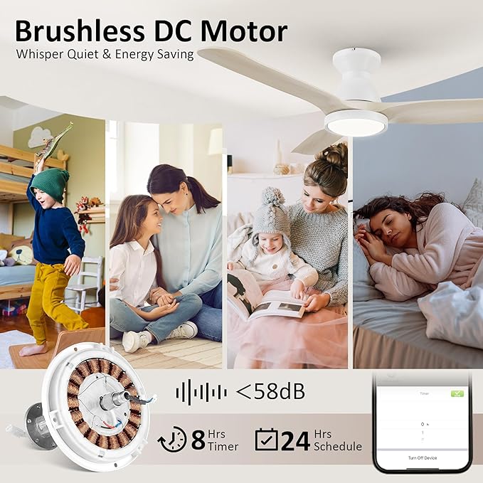 SMAAIR Smart Ceiling Fans with Lights Damp Covered, Solid Wood Flush Mount, Tri-Color Temperatures LED Dimmable,Quiet Reversible Motor, Works with Alexa|Google Assistant|Siri Shortcuts (52inch, White)