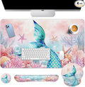 Britimes Pink Cute Deep Sea Mermaid Keyboard Mouse Pad Set 4in1 Large Mousepad+Keyboard Wrist Rest+Mouse Wrist Rest+Coaster Set with Ergonomic Design for Home Office Computer 35.4x15.7 inches