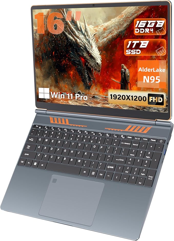Rumtuk 16" Gaming Laptop Computer - Alder Lake N95 Processor (3.4GHz), FHD 1920 * 1200 IPS, 16G RAM, Fingerprint, Backlit Keyboard, 180° Hinge, Lightweight for Business & Student (1TB)