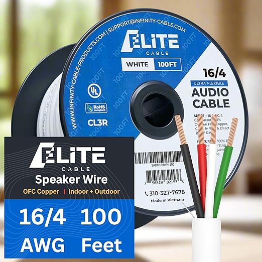 Elite 16/4 Speaker Wire 100ft, UL Listed, CMR/CL3R, (Riser/In-Wall & Outdoor/In-Ground (Direct Burial)- 100% Oxygen Free Pure Bare Copper (OFC), 16AWG/4-Conductor, 100ft Bulk Cable (65 strands), White