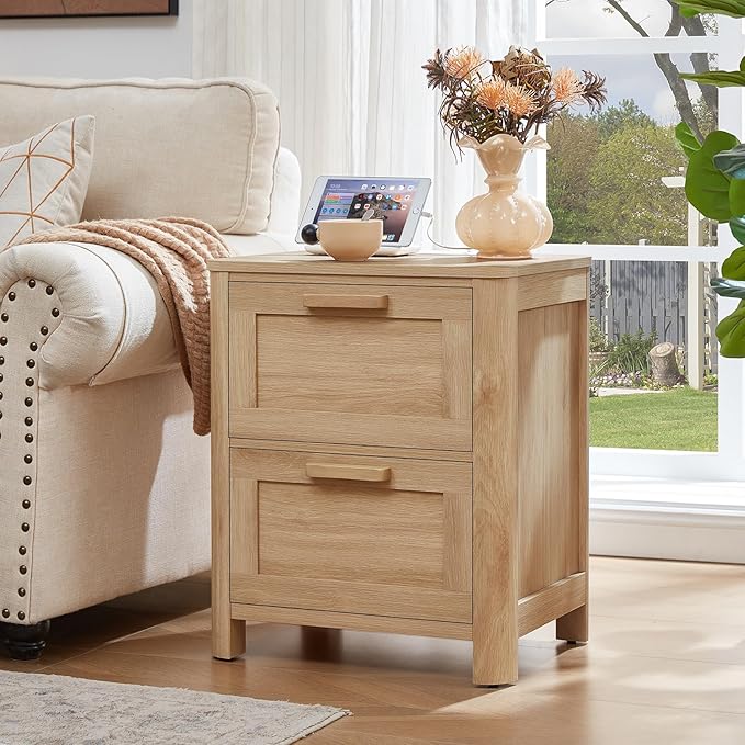 Joaxswe Farmhouse Nightstand Set of 2 with Charging Station, End Tables Bedroom with 2 Large Drawers & 4 Thickened Table Legs, Natural Wood