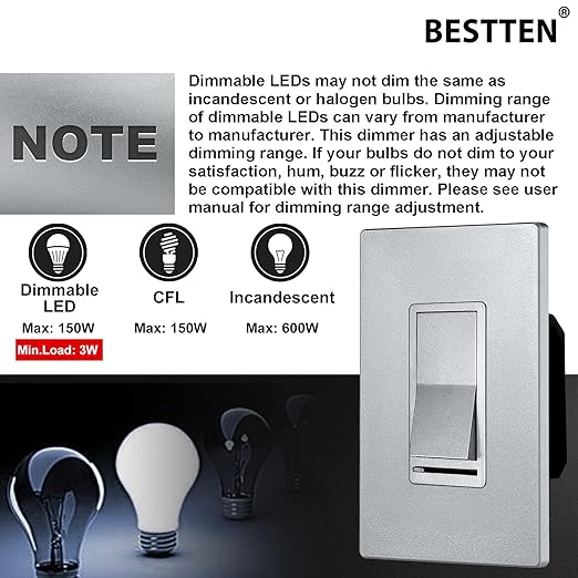 BESTTEN 5 Pack Matte Silver Dimmer Light Switch, Single Pole or 3-Way, Compatible with Dimmable LED, CFL, Incandescent and Halogen Bulb, LED Slide Dimmer Wall Switch, 120VAC, UL/cUL Listed