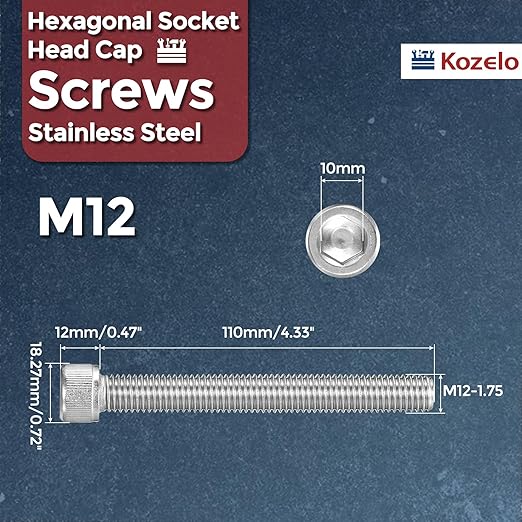 Kozelo 2pcs Socket Head Cap Screws - [M12-1.75 x 110mm] 304 Stainless Steel Allen Socket Drive for Electrical Motor 3D Printing Fan Engine Replacement Use, Silver