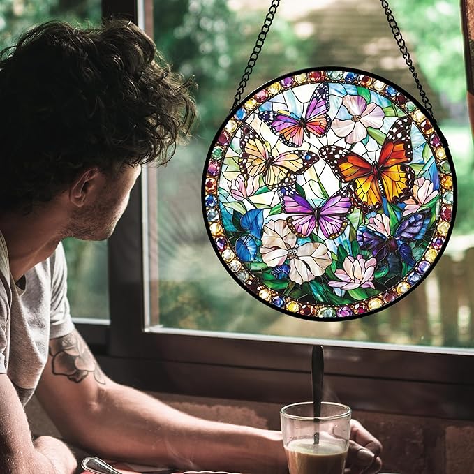 DASTOLL Stained Glass Window Hanging, Colorful Butterfly Suncatcher for Doors Home Sun Catchers Decoration and Christmas, Mother's Day Birthday Gifts for Women, Men, and Mom 14.9x14.9 in