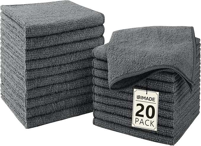 UNIMADE Washcloths - 20 Pack - Face Towels (12" x 12"), Highly Soft Wash Cloths and Hand Towels, Fast Drying Multi-Purpose Microfiber Cleansing Cloths for Bathroom, Hotel, Spa, and Salon - Grey