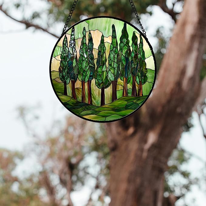 AMDERVEN Stained Glass Window Hanging 4 Pcs Set Forest Green Trees Winter Snow Large 15" - Suncatcher Door Garden Sun Catcher Home Decor Birthday Mother's Day for Woman Nana Mom Men