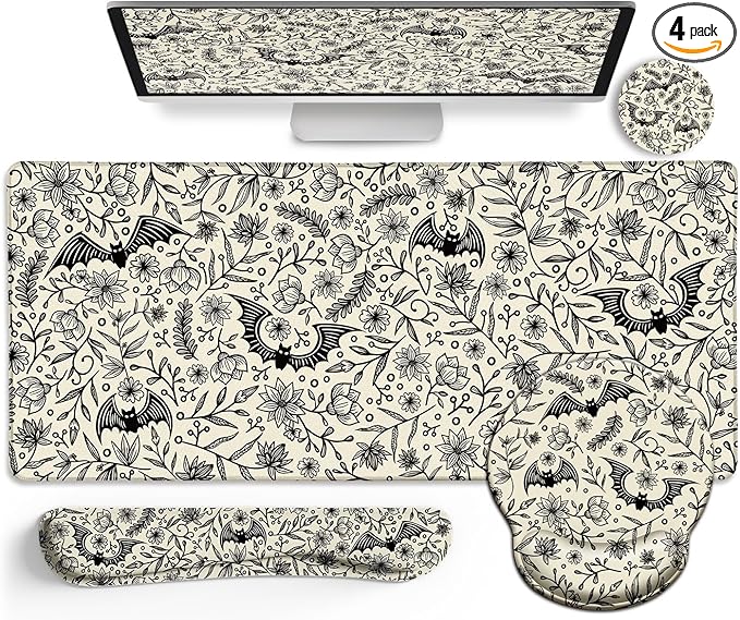 LIMKRIAN Goth Bat Mouse Pad Set Large Desk Mat for Desktop, Ergonomic Mouse Pad with Wrist Rest for Gaming, Keyboard Mat Wrist Support Cup Coaster Set, Gothic Office Desk Accessories Decor Supplies
