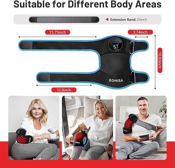 ROMISA Red Light Therapy Knee Brace & Vibration Knee Massage, 660nm & 850nm Rechargeable Near Infrared Light Therapy Device for Knee/Elbow/Shoulder for Cordless Use, Blue.