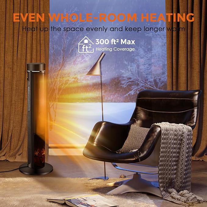 Air Choice 36" Tower Space Heater for Large Room, 1500W PTC Electric Fireplace Heater, Adjustable Thermostat, 4 Modes, 3D Flame,12H Timer, Oscillation, Remote, Heater for Indoor Use, Bedroom, Office