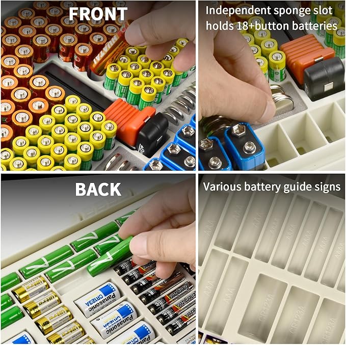 Aptbyte Battery Organizer Storage Holder Box Case with Tester- 269 Batteries Double-Sided Variety Pack, Holds AA AAA 4A C D Cell 9V 3V Lithium LR44 CR2 CR123 CR1632 18650 Button- White(Box Only)