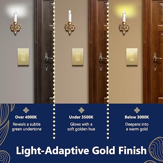 LIDER Minimalist Design Matte Finish Lighted Decorator Switch, Frameless Paddle Light Switch with Locator Light, Grounding Screw, 15A 125V, UL Listed, LS15-1P-GD2P, Gold, 2 Pack