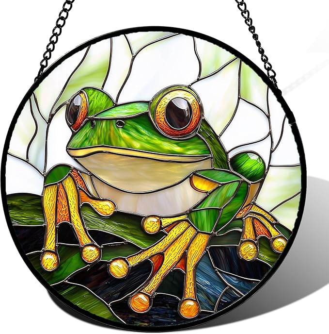 DASTOLL Stained Glass Window Hanging, Green Frog White Petals Sun Catchers Colorful Glass Panel Cute Suncatcher Decor for Birthday for Women, Men, Wife, Aunt, and Mom 14.9x14.9 in