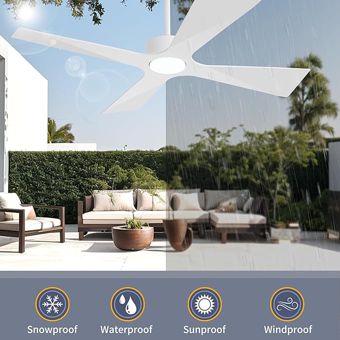 WINGBO 54" Wet Rated Outdoor Ceiling Fan with Lights, 4 ABS Plastic Blades, Reversible DC Motor, 6-Speed Remote Control, 3 CCT, Waterproof Ceiling Fan for Patio Porch Gazebo Garage, Gloss White
