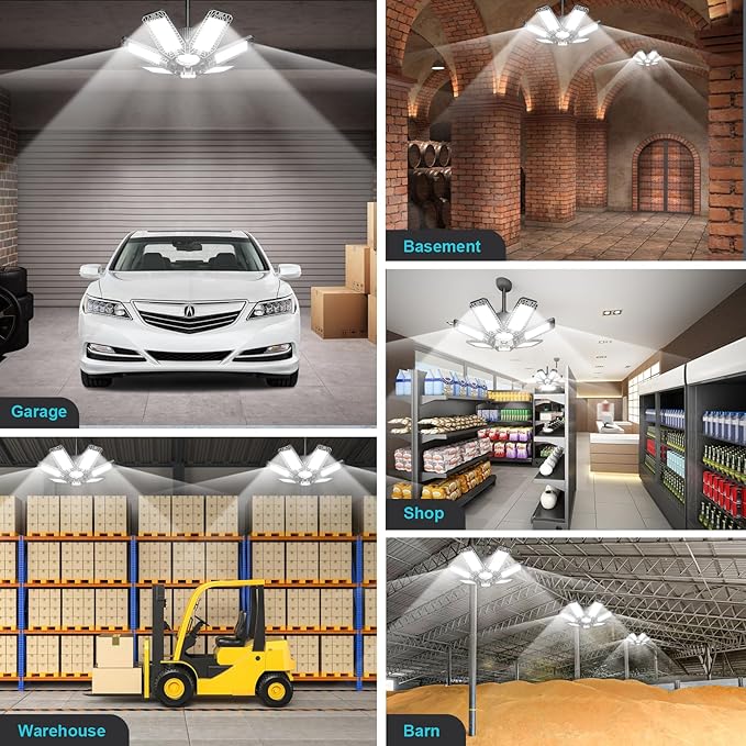 CHENGCHILIT LED Garage Light 6 Pack - 200w 20000LM 6500K Garage Lights Ceiling LED with 7+1 Adjustable Panels, Shop Lights Screw in E26 E27 Bulb Socket for Workshop, Storage Room, Basement, Warehouse
