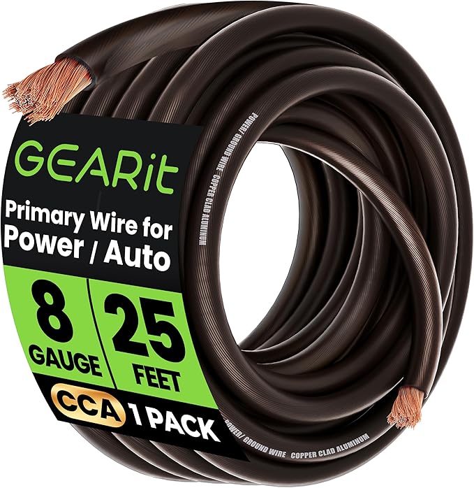 GEARit 8 Gauge Wire (25ft - Black Translucent) Copper Clad Aluminum CCA - Primary Automotive Wire Power/Ground, Battery Cable, Car Audio Speaker, RV Trailer, Amp, Electrical 8ga AWG 25 Feet