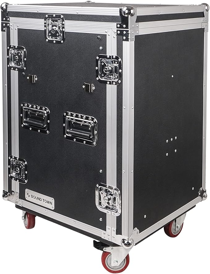 Sound Town Heavy-Duty 1/2" (12mm) Plywood 16U PA DJ Rack/Road ATA Case with 11U Slant Mixer Top, 20" Rackable Depth, 2 DJ Work Tables and Casters, Pro Tour Grade (STMR-16UWT2)
