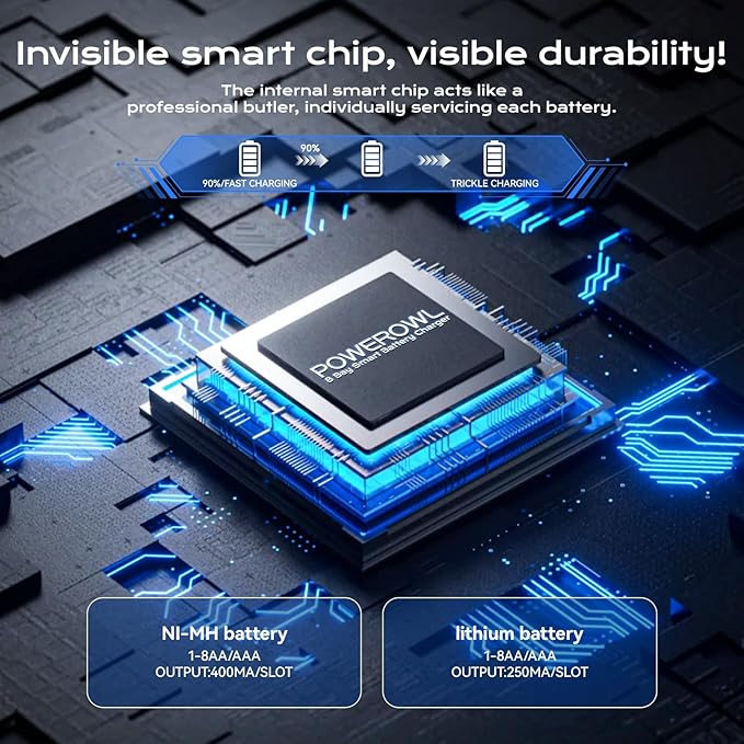 POWEROWL Smart Battery Charger for AA AAA Ni-MH/1.5V Lithium Rechargeable Batteries, Type-C Input, 8-Slot