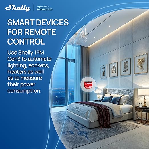 Shelly 1PM Gen3 | WiFi Smart Relay Switch with Power Metering, 1-Channel 16A | Home Automation | Compatible with Alexa & Google Home | iOS Android App | No Hub | Wireless Lighting Control