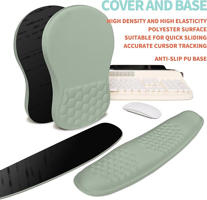 KUOSGM 2-in-1 Ergonomic Set, Wave Rise Keyboard Wrist Rest and Massage Bulge Slope Mouse Pad Wrist Support, Cushion Memory Foam Integrated to Relieve Wrist Pain, Light Green