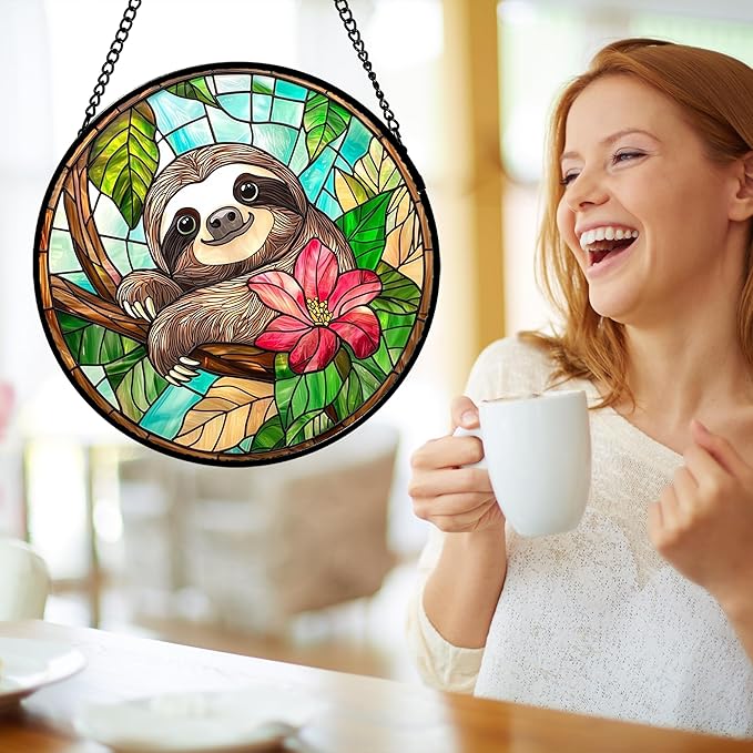 AMDERVEN Stained Glass Window Hanging, Cute Sloth Sun Catcher for Door Home Decor Animal Suncatcher Christmas Mother's Day Birthday Gifts for Women Men Mom and Nana 11.8 in