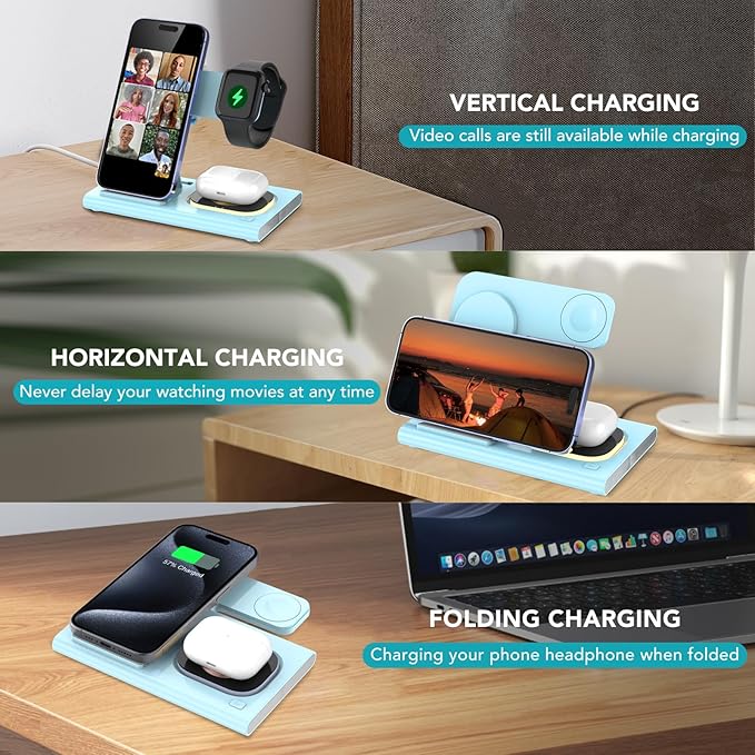 3 in 1 Charging Station for iPhone 17 - Wireless Charger for Apple Products for iPhone 17 16 15 14 13 12 11 Pro Max - Foldable Wireless Charging Station Dock Stand for iWatch Series & AirPods(Blue)