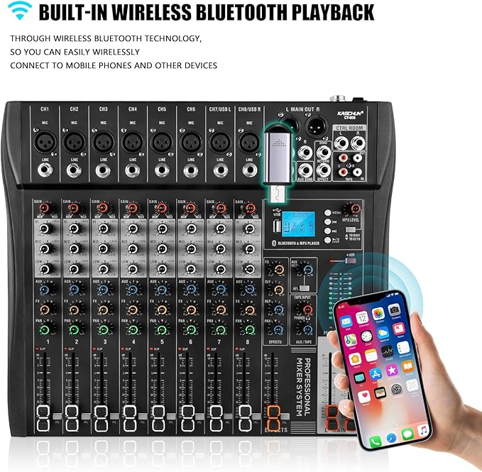 12 Channel Professional Audio Mixer with 48V Phantom Power, USB Audio Interface, Bluetooth & MP3 Player, Sound Board for Podcast, Home Studio, Live Streaming & Recording