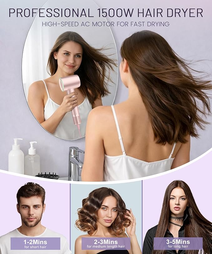 Cosy Companions High-Speed Ionic Hair Dryer, 150000 RPM Brushless Motor for 2-5 Min Fast Drying, Low Noise Blow Dryer Reduces Frizz & Heat Damage, Lightweight Hair Dryer with Diffuser & Nozzle, Pink