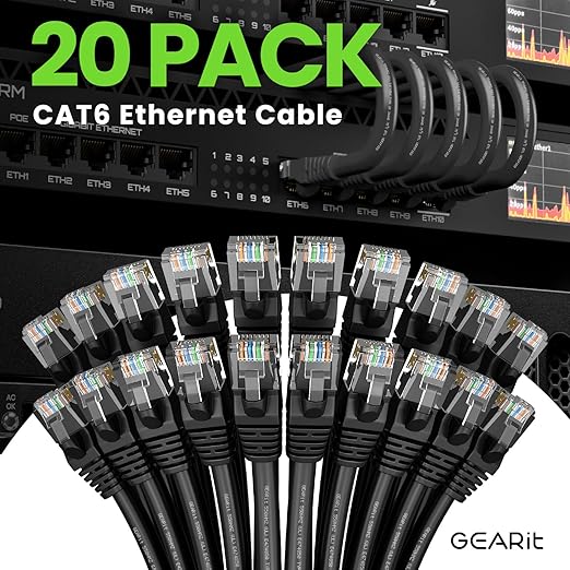 GEARit Cat 6 Ethernet Cable Pack - 20-Pack 7 ft Cat6 Ethernet Patch Cables | RJ45 Network Patch Cable, 10 Gbps Snagless Gold-Plated Connectors - Ethernet Cable Cat 6 for PC, TV, Router - Black
