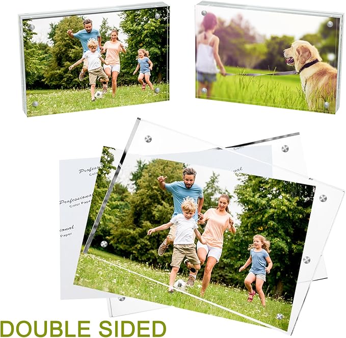 Meetu Acrylic Picture Frame 4x6,Clear Freestanding Double Sided 20mm Thickness Frameless Magnetic Photo Frames Desktop Display with Gift Box Package(1 Pack)