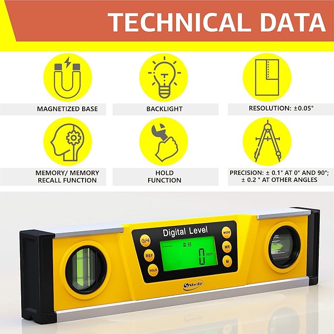 Shefio Digital Level - 10 Inch Torpedo Level And Protractor, Bright Lcd Display, Audio Indicator, Magnetic Base - Includes Batteries And Case