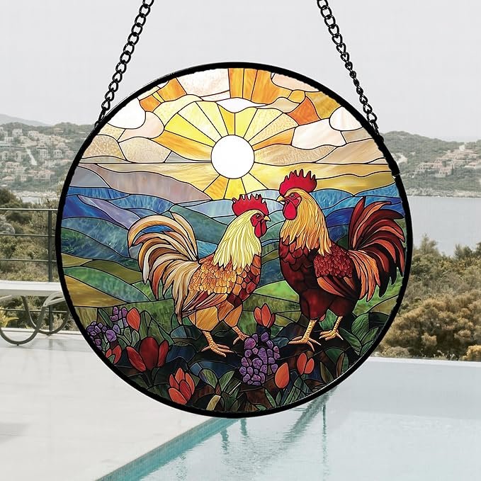AMDERVEN Stained Glass Window Hanging, Countryside Scenery Chicken Sun Catcher for Door Home Decor Sunrise Suncatcher Christmas Mother's Day Birthday Gifts for Women Men Mom Nana 6.3 in
