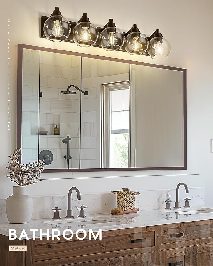 METWET Bathroom Light Fixtures Over Mirror, 5-Light Oil Rubbed Bronze Bathroom Vanity Light with Globe Clear Glass Shade, 32 Inch Modern Sconces Wall Lighting, VL195-ORB-5