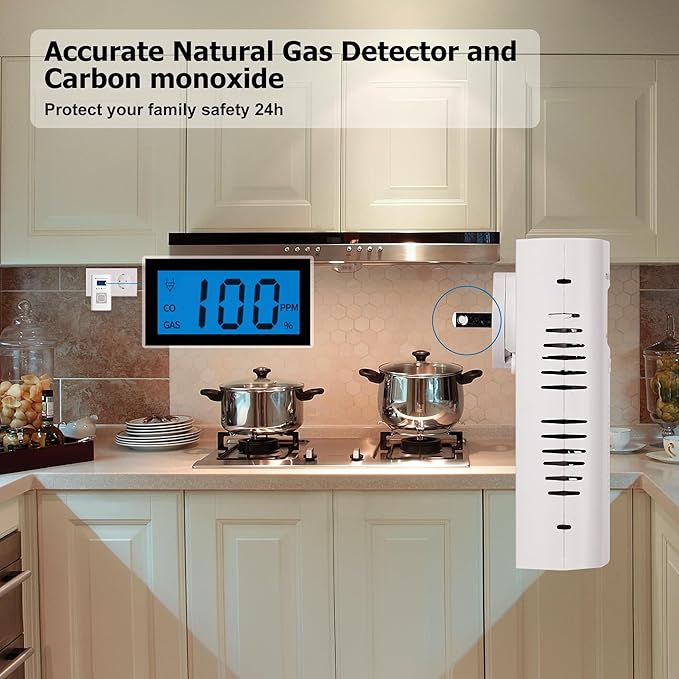 Combination Gas and Carbon Monoxide Detector Plug-in | CO Alarm & Natural Gas Combustible Detector | Digital Display, Battery Backup, Easy Install | for Home Kitchen Safety Monitoring 1-Pack