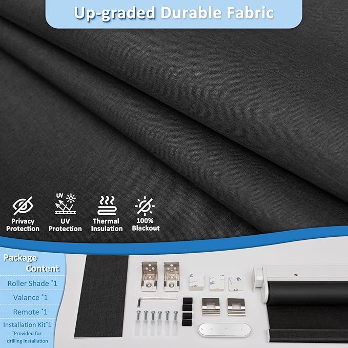 MANSNIX Smart Motorized Blinds with Remote, Cordless No-Drill Automatic Roller Shades, Blackout Electric Blind for Windows, Black, 36 x 72