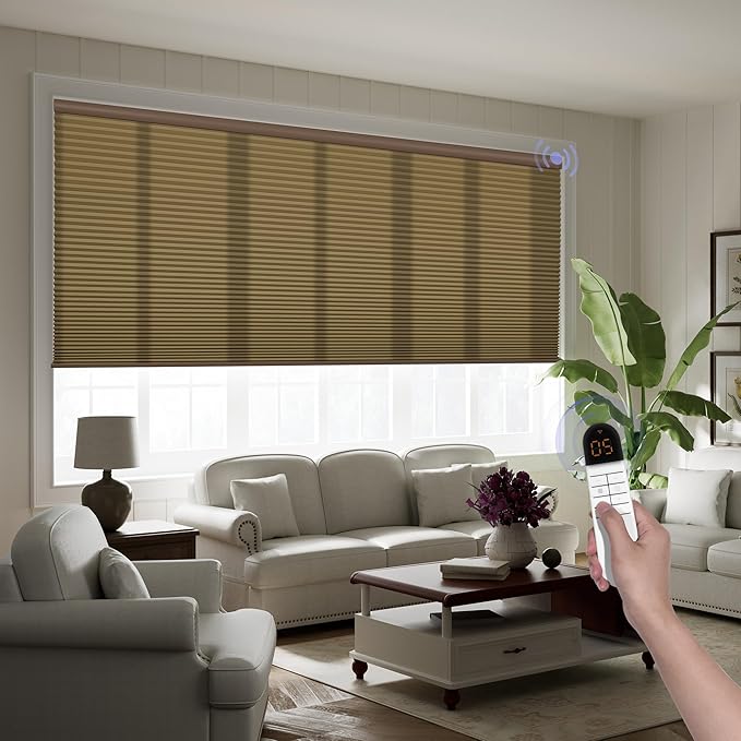 Boolegon Motorized Blinds with Remote, Light Filtering Smart Blinds, Automatic Cellular Shades for Windows, Rechargeable Electric Honeycomb Shades for Home,Light Filtering Dark Brown,Custom Size