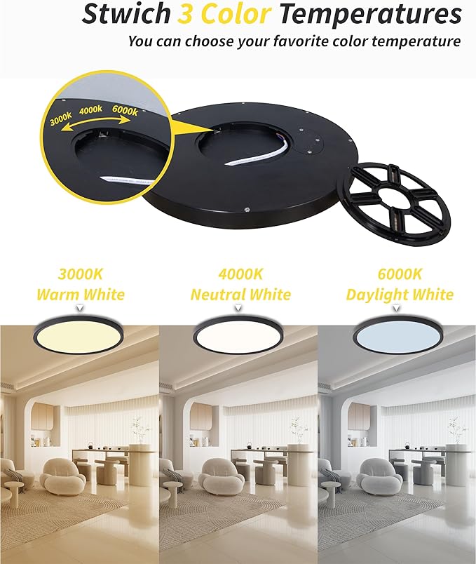 Led Flush Mount Ceiling Light,12 Inch 24w 2520lm Round,3000k,4000k,6000k CCT Selectable,Flat Panel Super Slim Led Ceiling Light Fixture,for Living Dining Kitchen Bedroom Room (12Pack-Black)