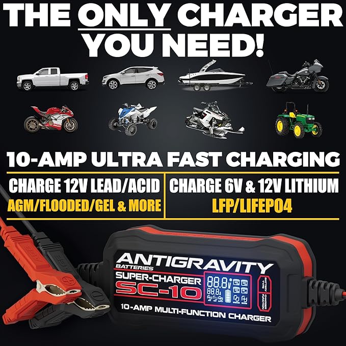 Antigravity SC-10 Super-Charger 10A Smart Battery Charger & Maintainer for 6V/12V Lithium (LiFePO4) & Lead-Acid Batteries – LCD Display, Power Supply Mode, BMS Reset