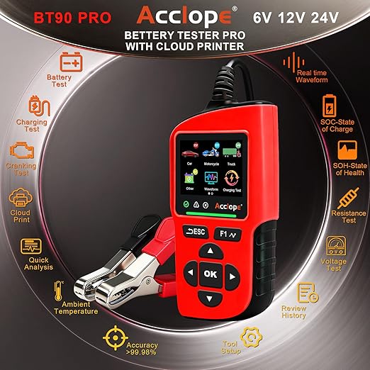 Acclope BT90 PRO 2-360Ah Battery Tester with Cloud Printing, 30-3800 CCA, 6V/12V/24V Digital Analyzer, SOH/SOC/Volt/Res/Cranking&Charging Test, Real‑Time Ambient Temp, AGM/EFB/Gel/Li