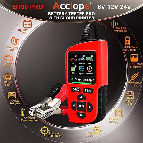 Acclope BT90 PRO 2-360Ah Battery Tester with Cloud Printing, 30-3800 CCA, 6V/12V/24V Digital Analyzer, SOH/SOC/Volt/Res/Cranking&Charging Test, Real‑Time Ambient Temp, AGM/EFB/Gel/Li