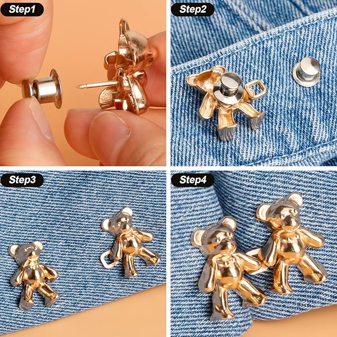 TOOVREN Cute Bear Button Pins for Loose Jeans - No Sew, No Tools Instant Pant Waist Tightener, 4 Sets Jeans Button Replacement Pant Clips for Waist Buckle