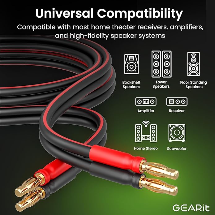 GearIT 14 AWG Speaker Cable with Banana Plugs 14Ga Banana Wire for Bi-Wire Bi-Amp HiFi Surround Sound