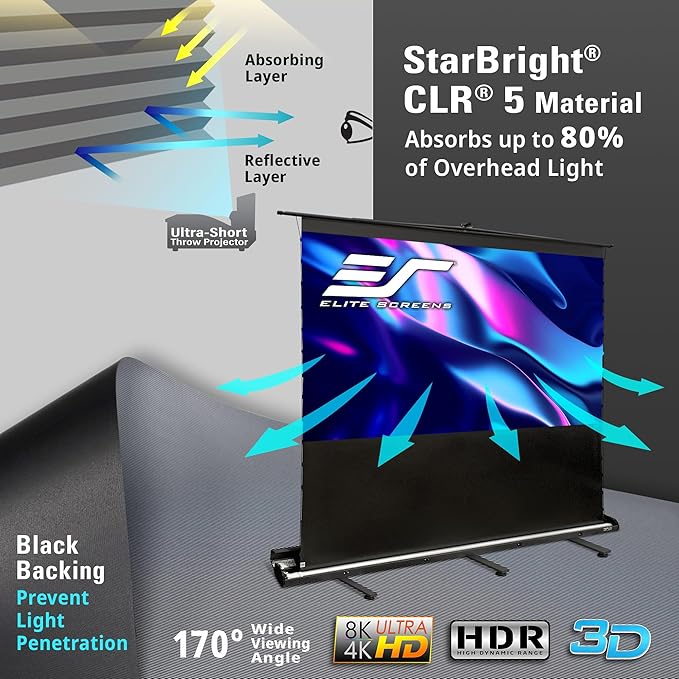 Elite Screens ezCinema Tab-Tension CLR 5, 123-inch Portable Floor-Rising UST Projector Screen, 16:9 ALR Ceiling Light Rejecting Tab-Tension Scissor-Backed Manual Pull-Up+Carry Bag, Black- FT123UH-CLR5