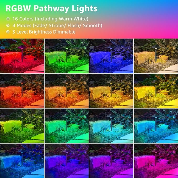 SUNVIE RGBW Low Voltage Pathway Lights 3W Color Changing Landscape Lights 12-24V Multi-Color Path Lights Waterproof for Yard Garden Walkway Holiday Landscape Path Lighting ETL Listed Cord, 4 Pack