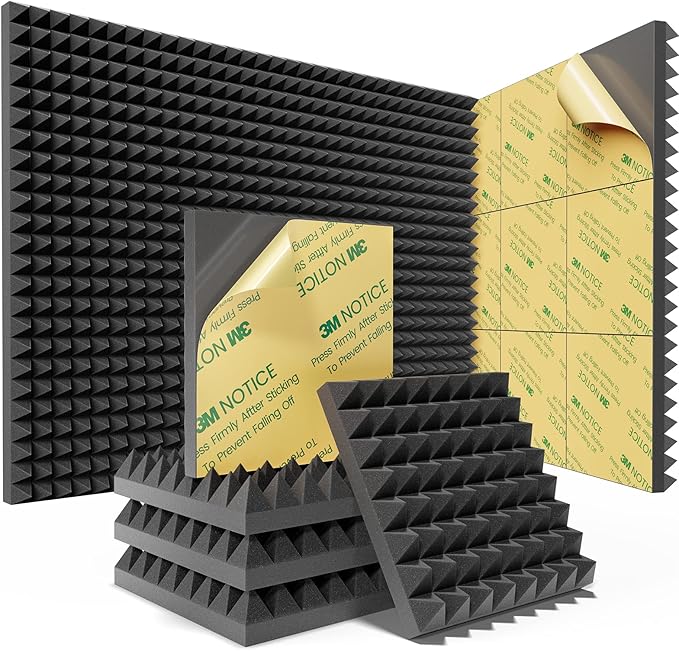 Sonicism 12 Pack Pyramid Sound Proof Foam Panels with Self-Adhesive, 12" X 12" X 2" Acoustic Foam Panels of High Density, Soundproof Wall Panels Fast Expand, Sound Absorption and Decoration (Black)