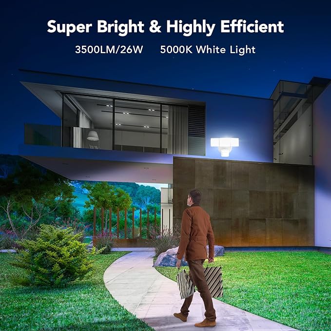 OREiN Motion Sensor Outdoor Flood Lights, 26W 3500LM Bright Security Lights, 5000K Daylight, Dusk to Dawn/Auto/Mode, IP65 Waterproof Hardwired Exterior Lighting for Garage, Driveway, Backyard(White)