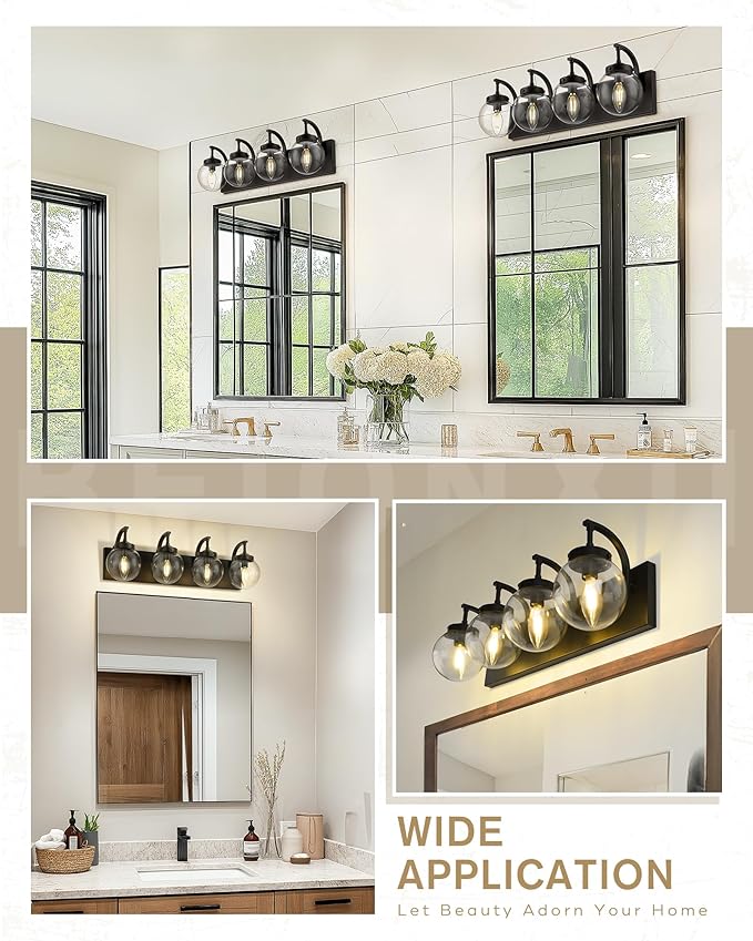 Beionxii 4-Light Bathroom Light Fixtures, Black Bathroom Vanity Light with Clear Glass Shade, Modern Vanity Lighting Fixtures Over Mirror Living Room Hallway, BX-VL03MB-4CG